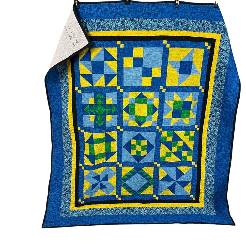 Handmade Modern Farmhouse Patchwork Quilt Blue Yellow Geometric Star 64x70 - Picture 2 of 7